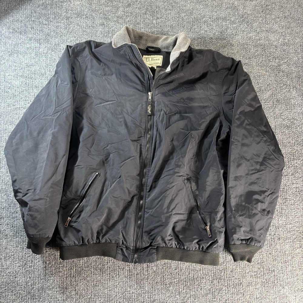 L.L. Bean Jacket Mens Large Tall Black Nylon‎ Bomber Fleece Lined Zip Outdoor